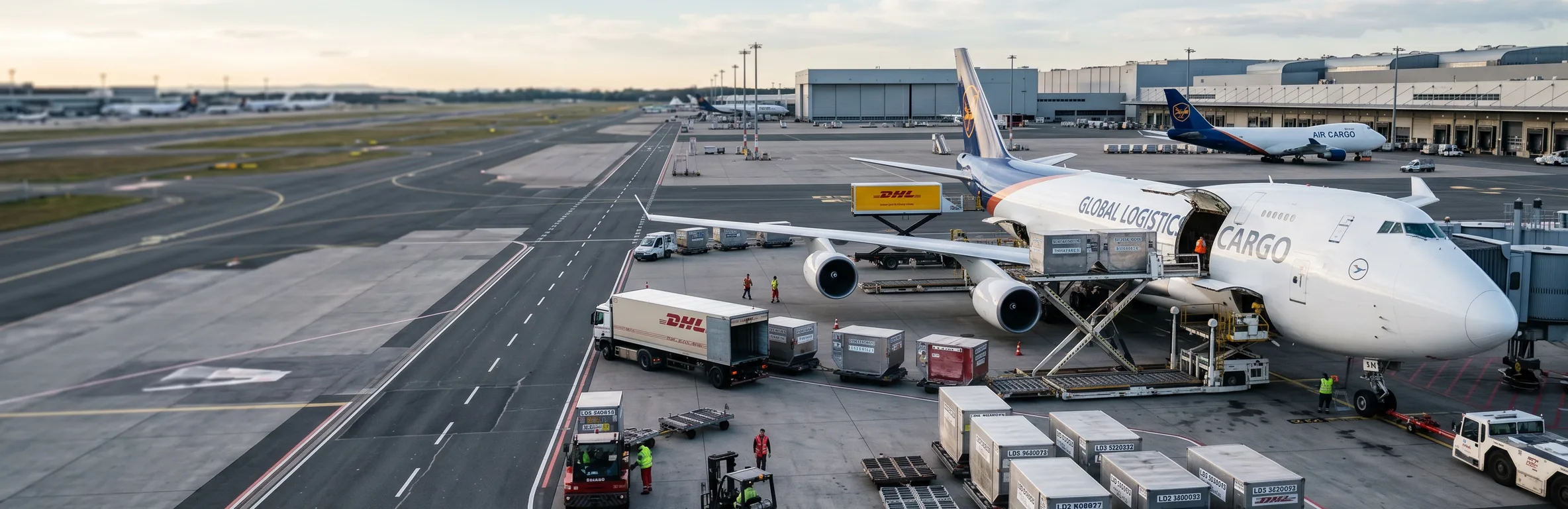 Cargo aircraft being loaded at an airport